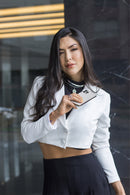 Blazer cropped em alfaiataria Branco